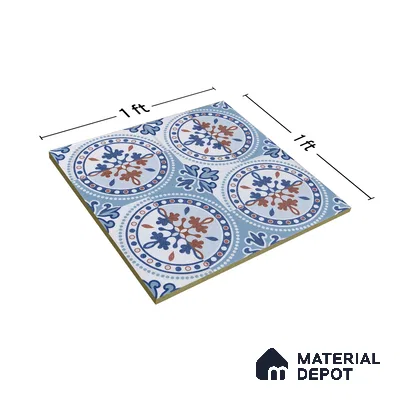 Moroccan Wall & Floor Tile TL 04919 Base & Bloom Cocoa Azul 1 ft x 1 ft Ceramic Matte Finish - 9 mm | Suitable for Bathroom, Kitchen, Dining Area | Please Expect a Slight Variation of Pattern (Sample)