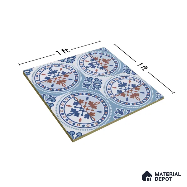 Moroccan Wall & Floor Tile TL 04919 Base & Bloom Cocoa Azul 1 ft x 1 ft Ceramic Matte Finish - 9 mm | Suitable for Bathroom, Kitchen, Dining Area | Please Expect a Slight Variation of Pattern (Sample)