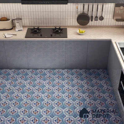 Moroccan Wall & Floor Tile TL 04919 Base & Bloom Cocoa Azul 1 ft x 1 ft Ceramic Matte Finish - 9 mm | Suitable for Bathroom, Kitchen, Dining Area | Please Expect a Slight Variation of Pattern (Sample)