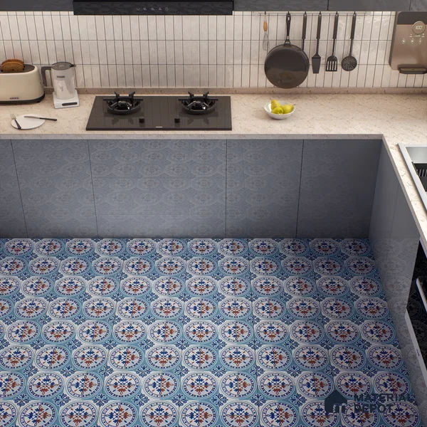 Moroccan Wall & Floor Tile TL 04919 Base & Bloom Cocoa Azul 1 ft x 1 ft Ceramic Matte Finish - 9 mm | Suitable for Bathroom, Kitchen, Dining Area | Please Expect a Slight Variation of Pattern (Sample)
