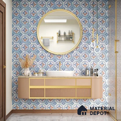 Moroccan Wall & Floor Tile TL 04919 Base & Bloom Cocoa Azul 1 ft x 1 ft Ceramic Matte Finish - 9 mm | Suitable for Bathroom, Kitchen, Dining Area | Please Expect a Slight Variation of Pattern (Sample)