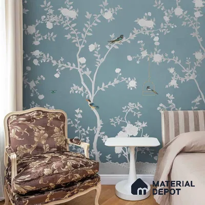 Aura in the Garden Blue Chinoiserie Wallpaper Sukoon Series Canvas Chinoserie Design (Customised Size Wallpaper)