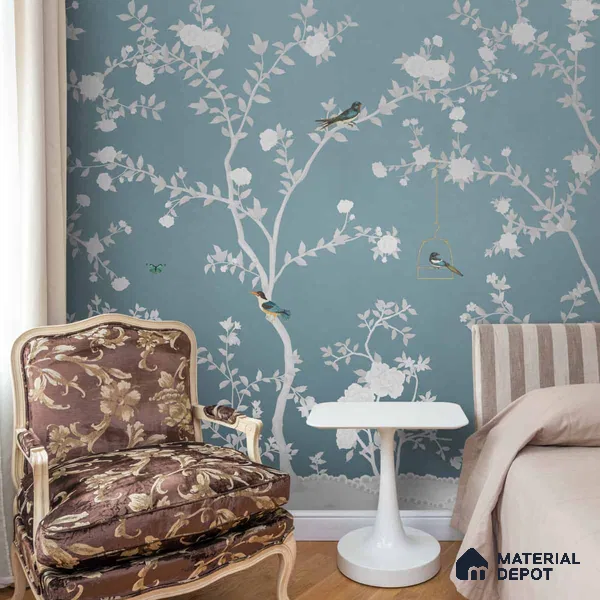 Aura in the Garden Blue Chinoiserie Wallpaper Sukoon Series Canvas Chinoserie Design (Customised Size Wallpaper)