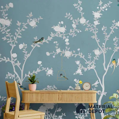 Aura in the Garden Blue Chinoiserie Wallpaper Sukoon Series Canvas Chinoserie Design (Customised Size Wallpaper)