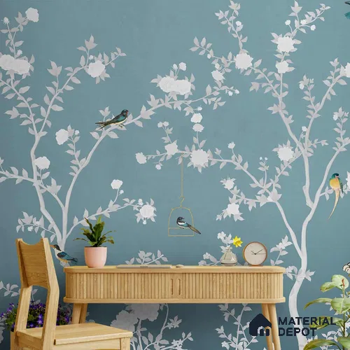 Aura in the Garden Blue Chinoiserie Wallpaper Sukoon Series Canvas Chinoserie Design (Customised Size Wallpaper)