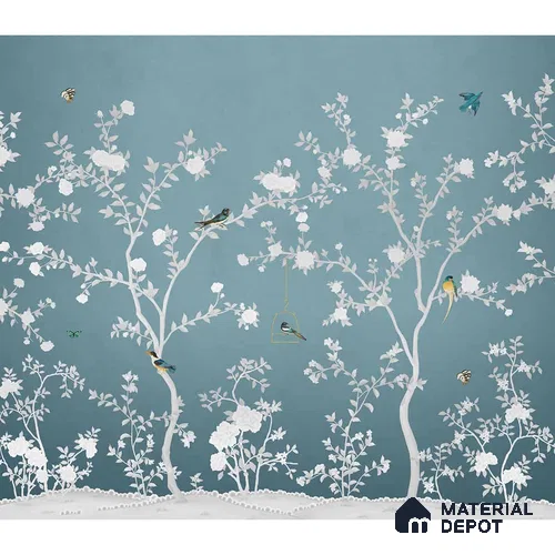 Aura in the Garden Blue Chinoiserie Wallpaper Sukoon Series Handmade Chinoserie Design (Customised Size Wallpaper)