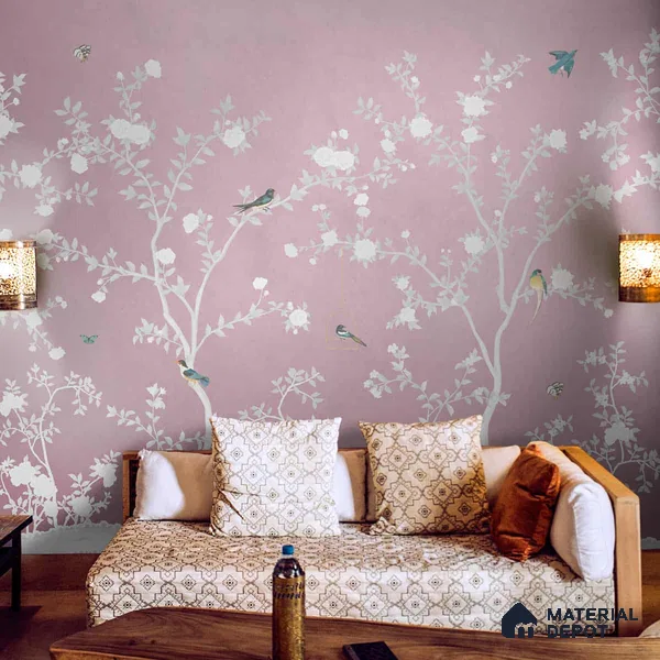 Aura in the Garden Pink Chinoiserie Wallpaper Sukoon Series Canvas Chinoserie Design (Customised Size Wallpaper)
