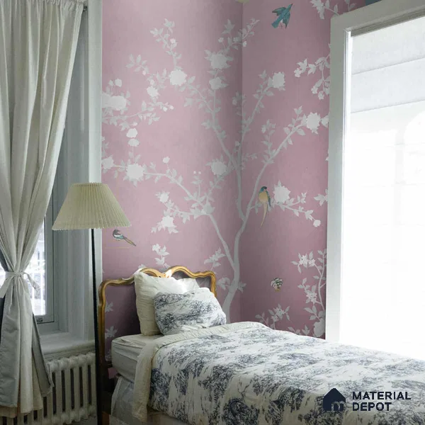 Aura in the Garden Pink Chinoiserie Wallpaper Sukoon Series Handmade Chinoserie Design (Customised Size Wallpaper)