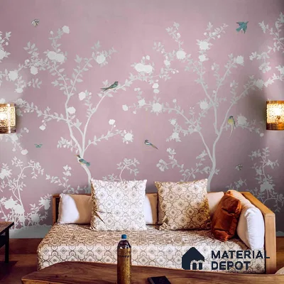 Aura in the Garden Pink Chinoiserie Wallpaper Sukoon Series Handmade Chinoserie Design (Customised Size Wallpaper)