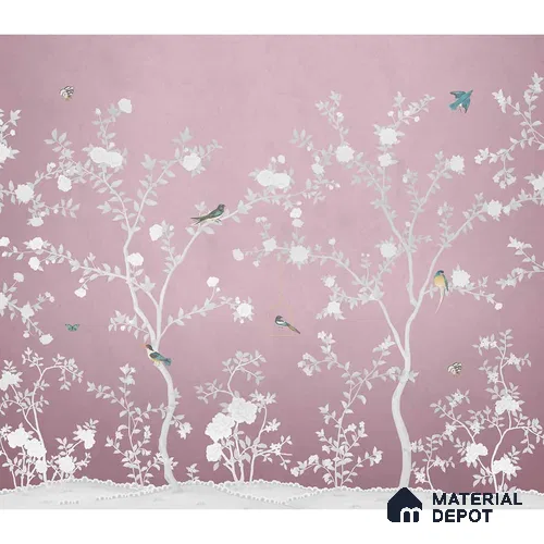 Aura in the Garden Pink Chinoiserie Wallpaper Sukoon Series Handmade Chinoserie Design (Customised Size Wallpaper)
