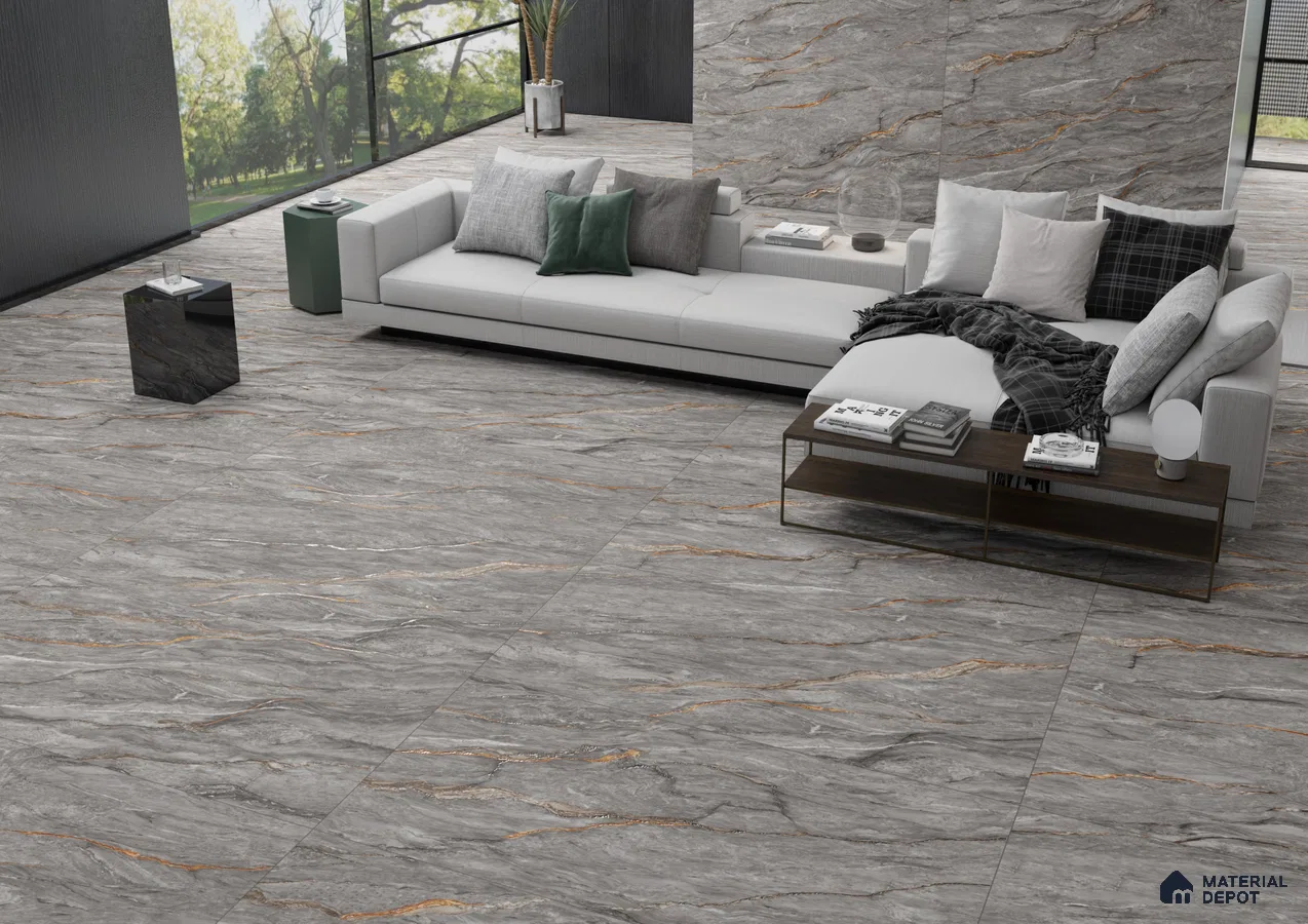 Modern Living Room with Elegant Grey Marble Tiles | Material Depot