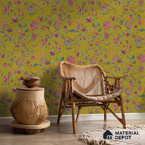Bahaar A Symphony of Indian Flowers Greenish Yellow 10 Meter x 19.68 Inches Soft Feel Paper Type Wallpaper -54 Sq. Ft. | Minimum 15% wastage during installation