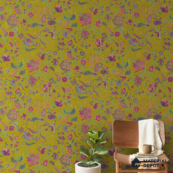 Bahaar A Symphony of Indian Flowers Greenish Yellow 10 Meter x 19.68 Inches Soft Feel Paper Type Wallpaper -54 Sq. Ft. | Minimum 15% wastage during installation