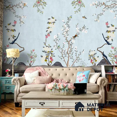 Blue Chinoiserie Garden Customized Floral Wallpaper - Canvas