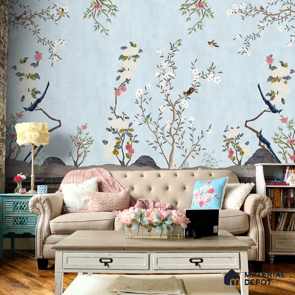 Blue Chinoiserie Garden Customized Floral Wallpaper - Canvas