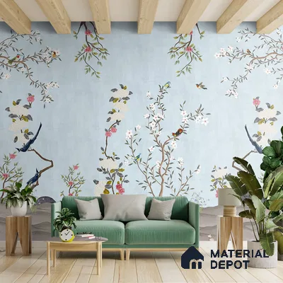 Blue Chinoiserie Garden Customized Floral Wallpaper - Canvas