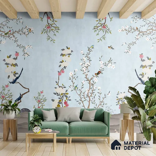 Beautiful Blue Chinoiserie Room Wallpaper, Customised Indrani Series Canvas Florals Design (Customised Size Wallpaper )