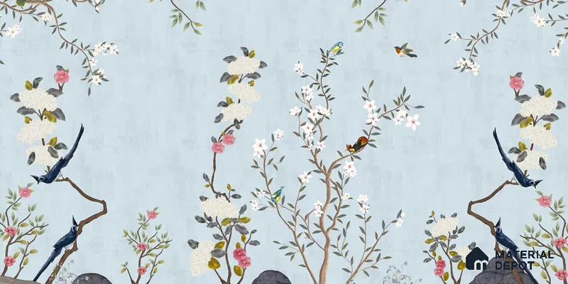 Blue Chinoiserie Garden Customized Floral Wallpaper - Canvas