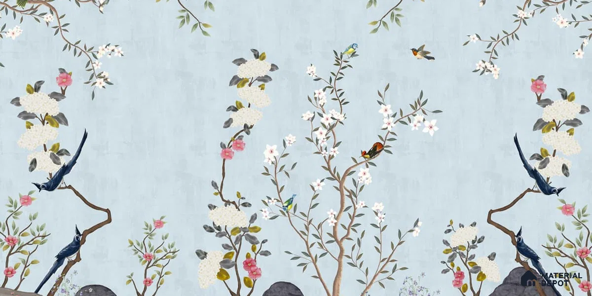 Blue Chinoiserie Garden Customized Floral Wallpaper - Canvas