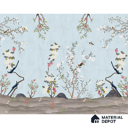 Beautiful Blue Chinoiserie Room Wallpaper, Customised Indrani Series Handmade Florals Design (Customised Size Wallpaper )