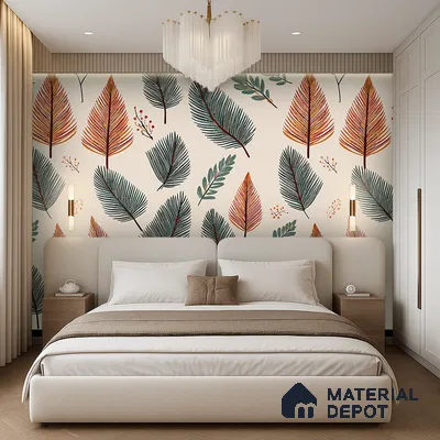 Beige Scandinavian Style Leaf Abstract Serenity Art | WP 03930 B Canvas Texture Finish Tropical Style luxurious Customized size Wallpaper | 250 GSM WP01CNF Paper | (MOQ = 30 Sq. Ft.)