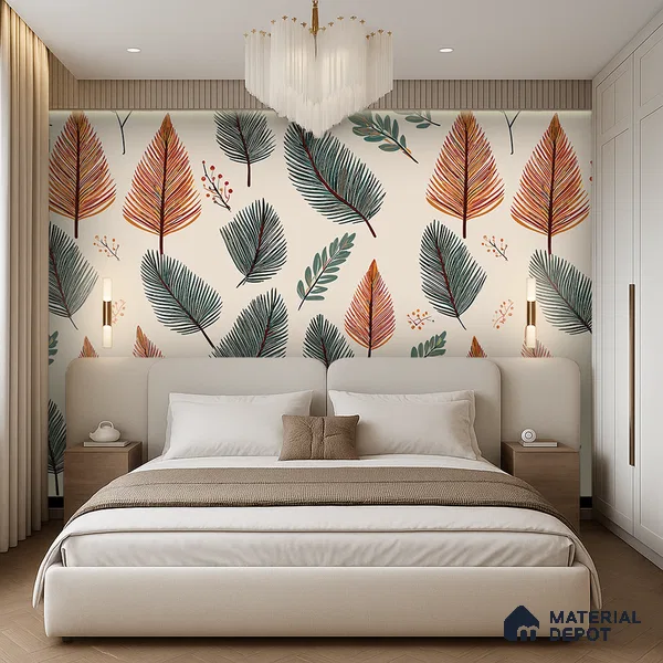 Beige Scandinavian Style Leaf Abstract Serenity Art | WP 03930 B Canvas Texture Finish Tropical Style luxurious Customized size Wallpaper | 250 GSM WP01CNF Paper | (MOQ = 30 Sq. Ft.)