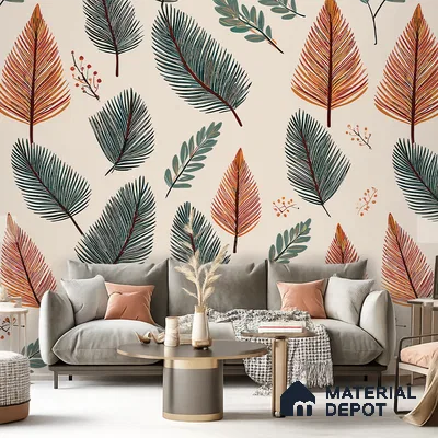 Beige Scandinavian Style Leaf Abstract Serenity Art | WP 03930 B Canvas Texture Finish Tropical Style luxurious Customized size Wallpaper | 250 GSM WP01CNF Paper | (MOQ = 30 Sq. Ft.)
