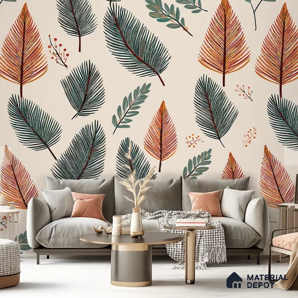 Beige Scandinavian Style Leaf Abstract Serenity Art | WP 03930 B Canvas Texture Finish Tropical Style luxurious Customized size Wallpaper | 250 GSM WP01CNF Paper | (MOQ = 30 Sq. Ft.)