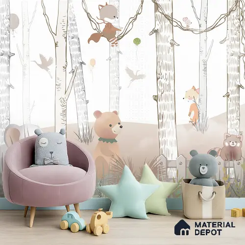 Little Friends of Birchwood Animals In Vintage Forest | WP 04038 Canvas Texture Finish Animal Print Style luxurious Customized size Wallpaper | 250 GSM WP01CNF Paper | (MOQ = 30 Sq. Ft.) | Design change not possible