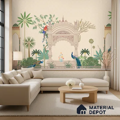 Azure Peacock Garden Antique Gul Mohar Trail | WP 04184 Non Woven Matte Finish Indian Style Premium Customized size Wallpaper | 150 GSM WP01MTF Paper | (MOQ = 30 Sq. Ft.)