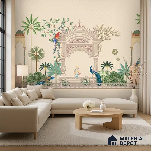 Azure Peacock Garden Antique Gul Mohar Trail | WP 04184 Non Woven Matte Finish Indian Style Premium Customized size Wallpaper | 150 GSM WP01MTF Paper | (MOQ = 30 Sq. Ft.)