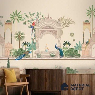 Azure Peacock Garden Antique Gul Mohar Trail | WP 04184 Non Woven Matte Finish Indian Style Premium Customized size Wallpaper | 150 GSM WP01MTF Paper | (MOQ = 30 Sq. Ft.)