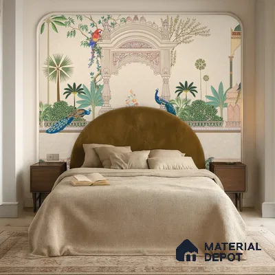 Azure Peacock Garden Antique Gul Mohar Trail | WP 04184 Non Woven Matte Finish Indian Style Premium Customized size Wallpaper | 150 GSM WP01MTF Paper | (MOQ = 30 Sq. Ft.)