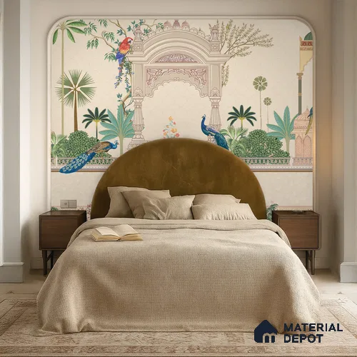 Azure Peacock Garden Antique Gul Mohar Trail | WP 04184 B Canvas Texture Finish Indian Style luxurious Customized size Wallpaper | 250 GSM WP01CNF Paper | (MOQ = 30 Sq. Ft.)