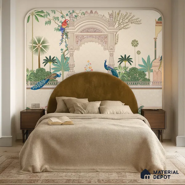 Azure Peacock Garden Antique Gul Mohar Trail | WP 04184 Non Woven Matte Finish Indian Style Premium Customized size Wallpaper | 150 GSM WP01MTF Paper | (MOQ = 30 Sq. Ft.)