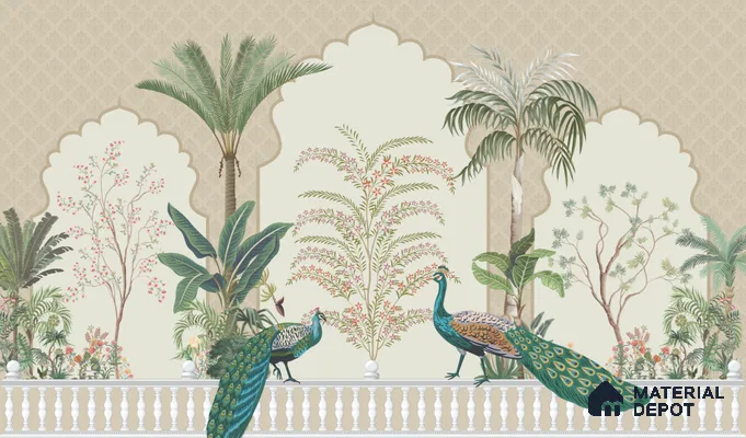Peacock Veranda Royale Artistic Charm Designer | WP 03975 B Canvas Texture Finish Chinoiserie Style luxurious Customized size Wallpaper | 250 GSM WP01CNF Paper | (MOQ = 30 Sq. Ft.)