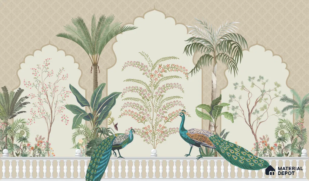 Peacock Veranda Royale Artistic Charm Designer | WP 03975 B Canvas Texture Finish Chinoiserie Style luxurious Customized size Wallpaper | 250 GSM WP01CNF Paper | (MOQ = 30 Sq. Ft.)