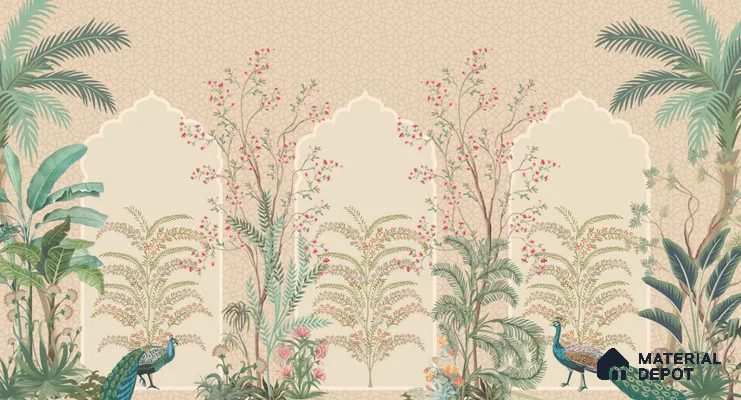 Blossom Veil Jharokha Garden Artistic Charm Designer | WP 03983 B Canvas Texture Finish Chinoiserie Style luxurious Customized size Wallpaper | 250 GSM WP01CNF Paper | (MOQ = 30 Sq. Ft.)