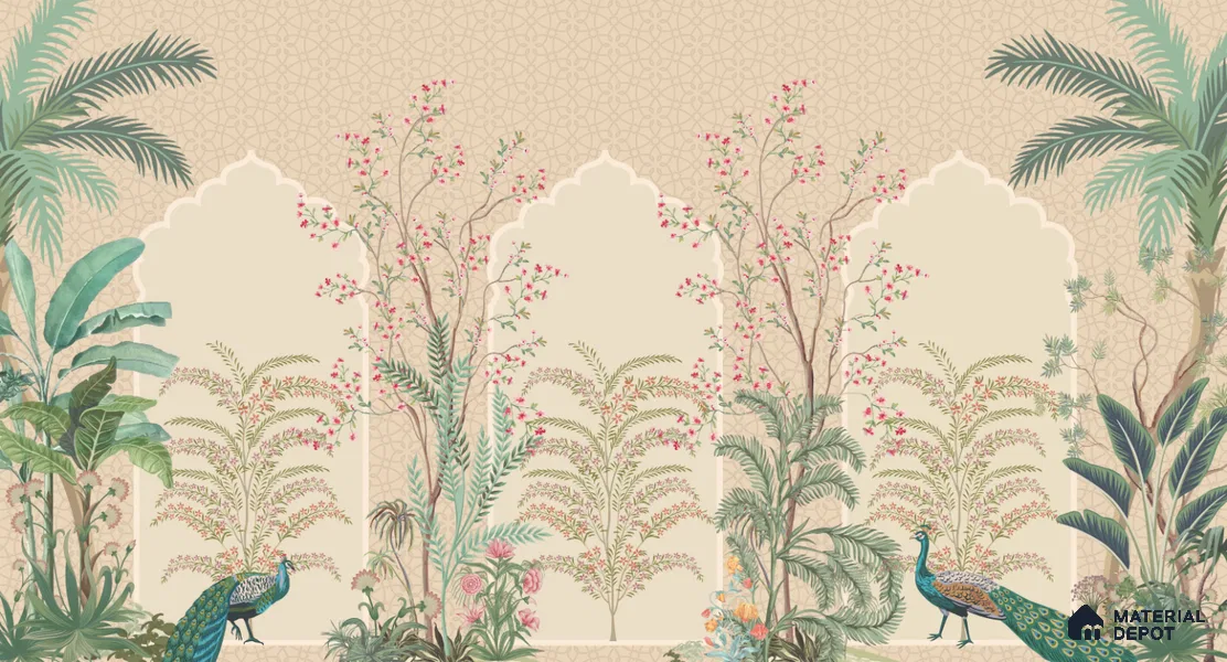 Blossom Veil Jharokha Garden Artistic Charm Designer | WP 03983 B Canvas Texture Finish Chinoiserie Style luxurious Customized size Wallpaper | 250 GSM WP01CNF Paper | (MOQ = 30 Sq. Ft.)
