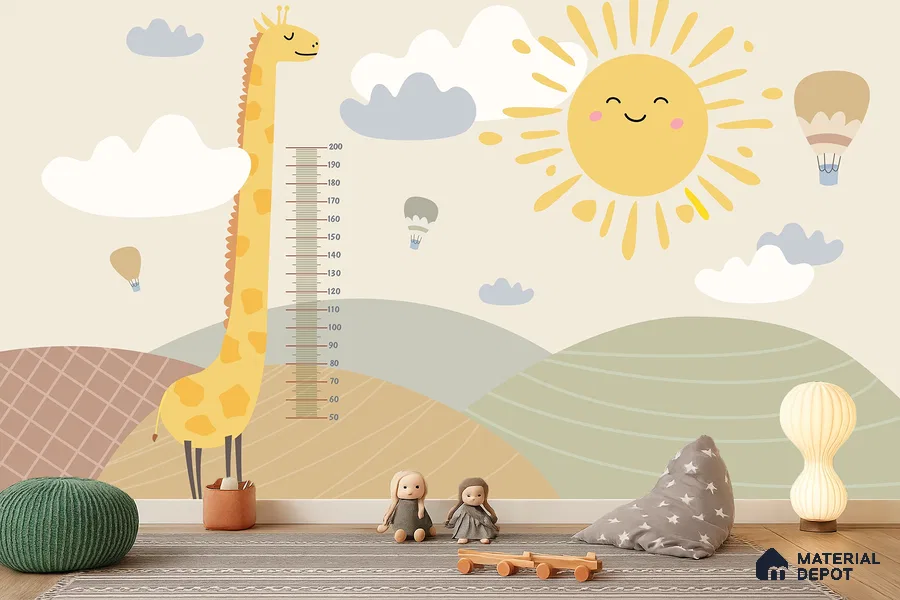 Giraffe Milestone Wall Bright Sunny Day Illustration | WP 04067 B Non Woven Matte Finish Animal Print Style Premium Customized size Wallpaper | 150 GSM WP01MTF Paper | (MOQ = 30 Sq. Ft.)