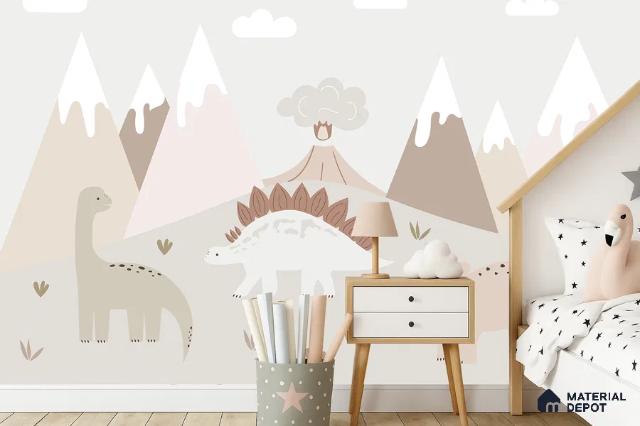 Calm Day in Dino Valley Cute Illustration | WP 04052 B Non Woven Matte Finish Animal Print Style Premium Customized size Wallpaper | 150 GSM WP01MTF Paper | (MOQ = 30 Sq. Ft.)