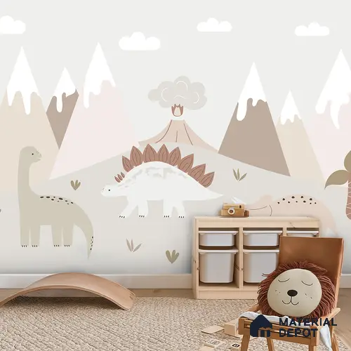 Calm Day in Dino Valley Cute Illustration | WP 04052 B Non Woven Matte Finish Animal Print Style Premium Customized size Wallpaper | 150 GSM WP01MTF Paper | (MOQ = 30 Sq. Ft.)
