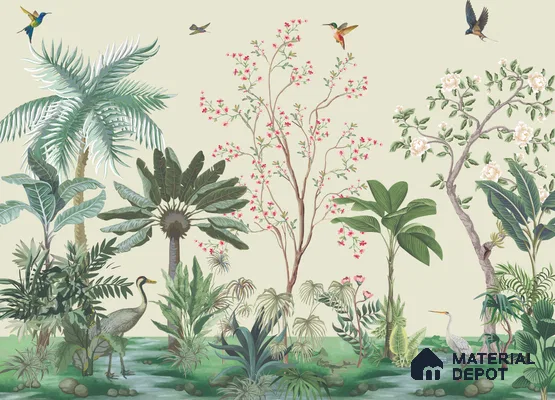 Soft Green Botanical Aviary Dreamy Artistic | WP 03951 Non Woven Matte Finish Chinoiserie Style Premium Customized size Wallpaper | 150 GSM WP01MTF Paper | (MOQ = 30 Sq. Ft.)