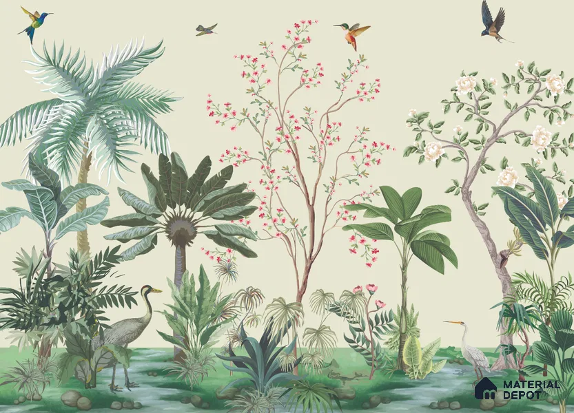 Soft Green Botanical Aviary Dreamy Artistic | WP 03951 Non Woven Matte Finish Chinoiserie Style Premium Customized size Wallpaper | 150 GSM WP01MTF Paper | (MOQ = 30 Sq. Ft.)