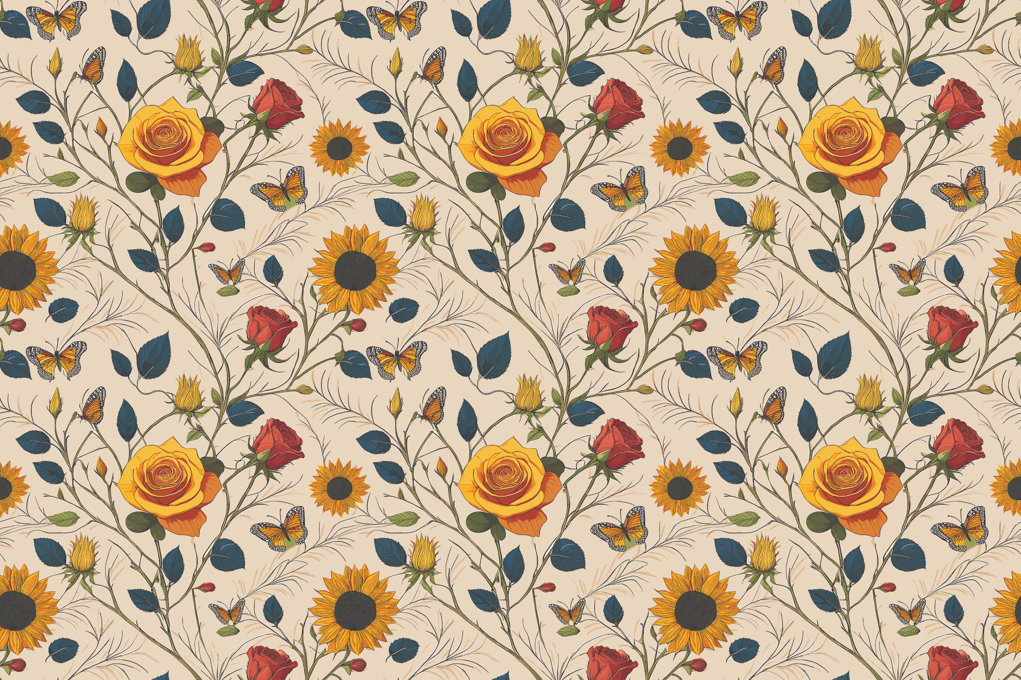 Beige Floral Roses Sunflowers with Butterflies Artistic Charm Designer | WP 03929 Non Woven Matte Finish Florals Style Premium Customized size Wallpaper | 150 GSM WP01MTF Paper | (MOQ = 30 Sq. Ft.)