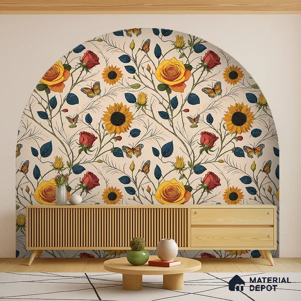 Beige Floral Roses Sunflowers with Butterflies Artistic Charm Designer | WP 03929 Non Woven Matte Finish Florals Style Premium Customized size Wallpaper | 150 GSM WP01MTF Paper | (MOQ = 30 Sq. Ft.)