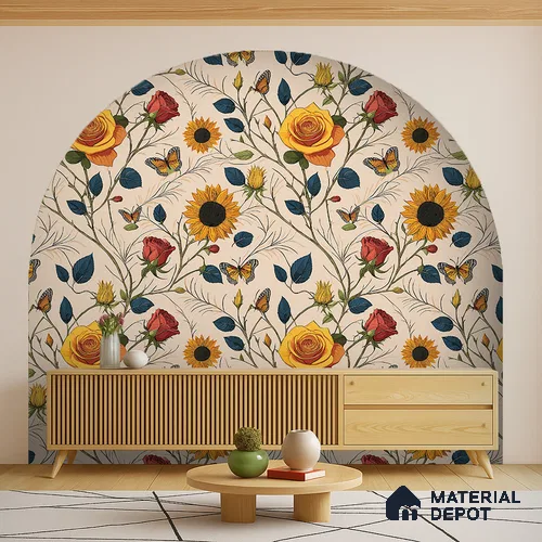 Beige Floral Roses Sunflowers with Butterflies Artistic Charm Designer | WP 03929 B Canvas Texture Finish Florals Style luxurious Customized size Wallpaper | 250 GSM WP01CNF Paper | (MOQ = 30 Sq. Ft.)