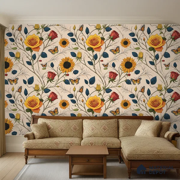 Beige Floral Roses Sunflowers with Butterflies Artistic Charm Designer | WP 03929 Non Woven Matte Finish Florals Style Premium Customized size Wallpaper | 150 GSM WP01MTF Paper | (MOQ = 30 Sq. Ft.)