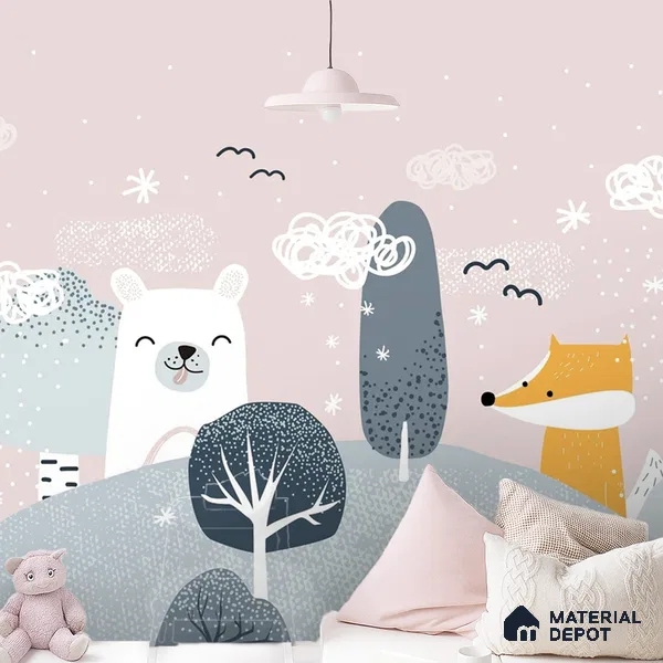 Little Forest Companions Hill Top View | WP 04083 Canvas Texture Finish Nature Style luxurious Customized size Wallpaper | 250 GSM WP01CNF Paper | (MOQ = 30 Sq. Ft.)