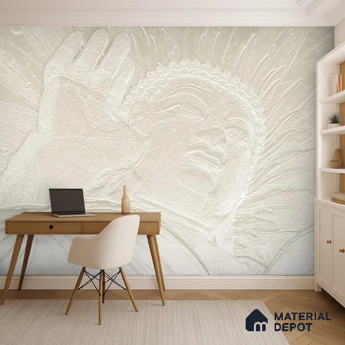 Gesture of Infinite Compassion Mystic Stone Buddha | WP 04097 Non Woven Matte Finish Indian Style Premium Customized size Wallpaper | 150 GSM WP01MTF Paper | (MOQ = 30 Sq. Ft.)